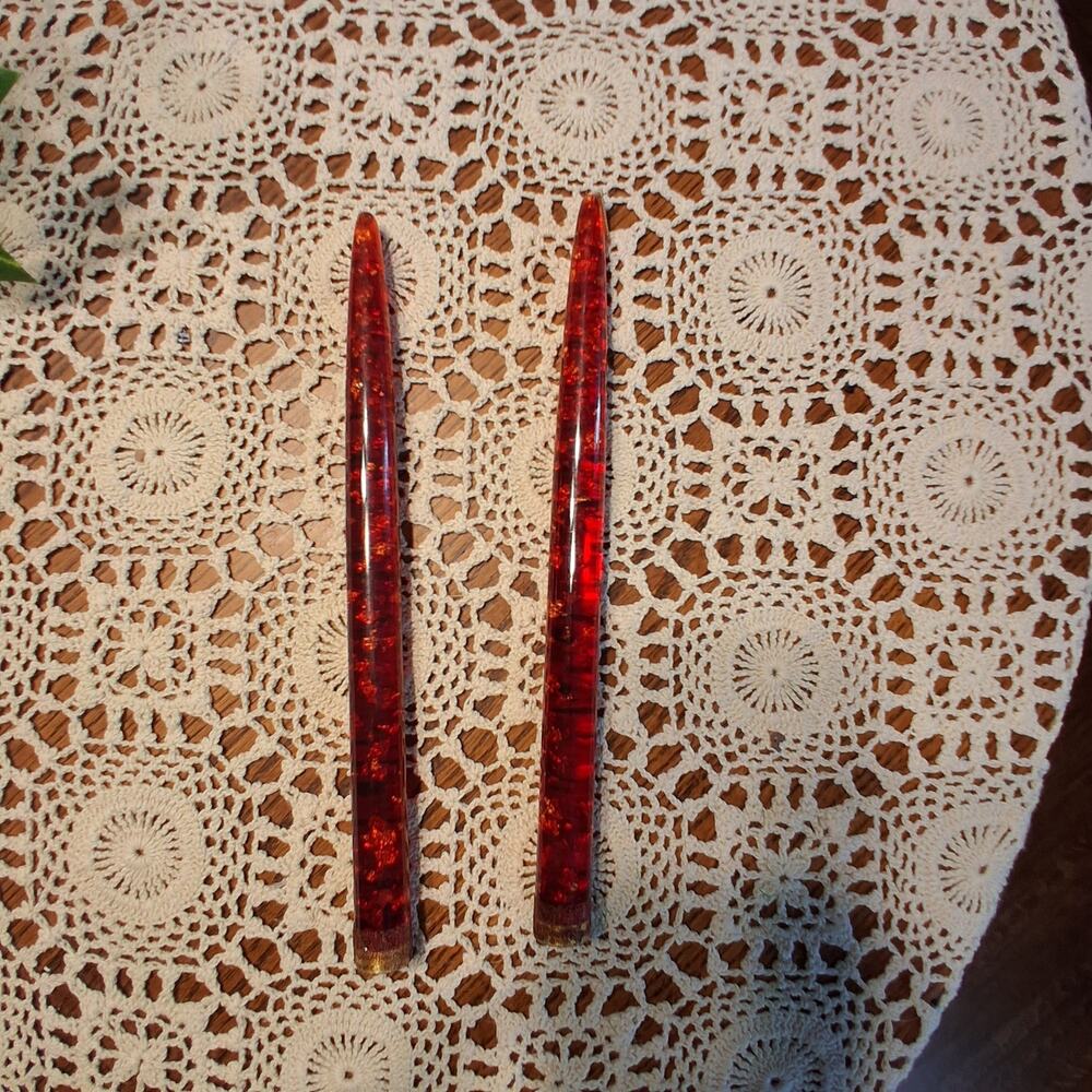 Vintage Lucite taper candles pair red with gold flecks 10" Christmas MCM